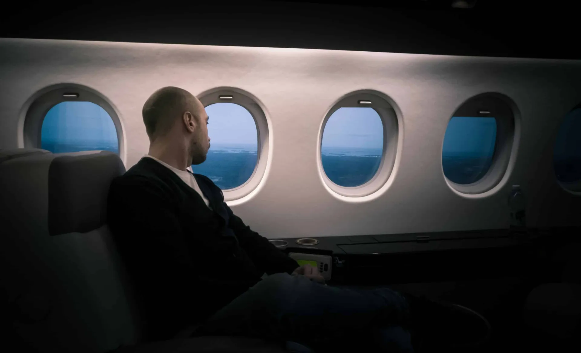 A first-class airline cabin