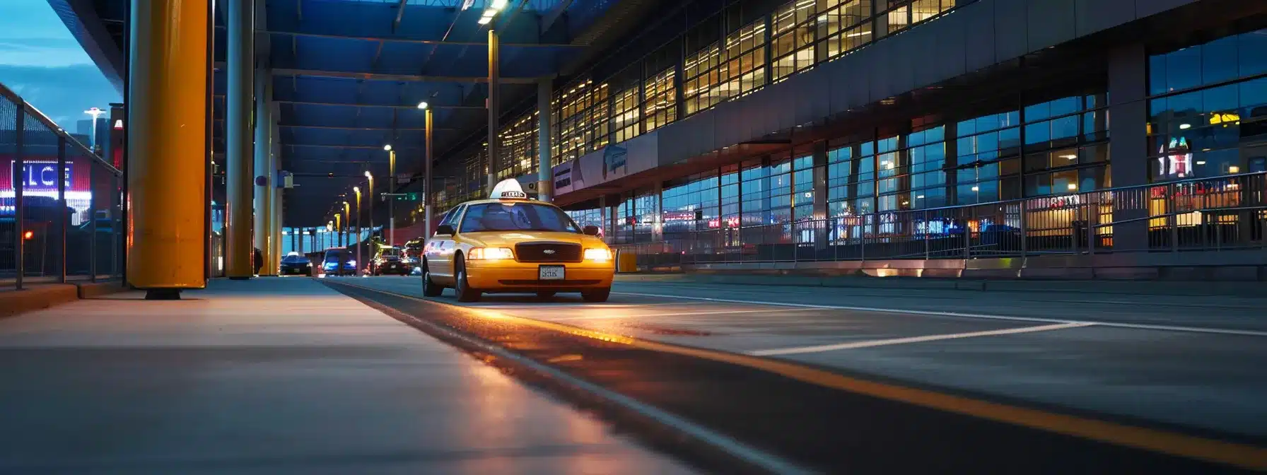 a sleek, modern taxi pulling up to the curb at cleveland hopkins international airport, ready to whisk passengers away on their journey.