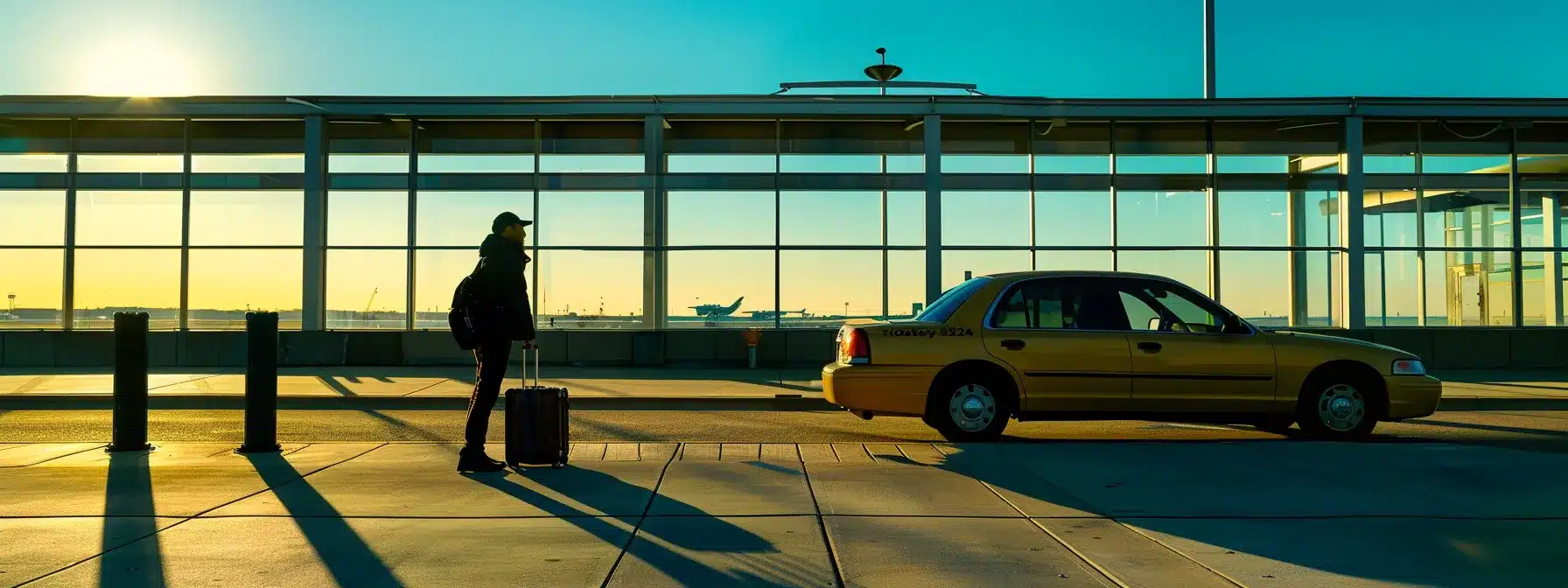 a traveler calmly waiting next to a stylish cleveland airport taxi with a suitcase by their side, under a clear blue sky.