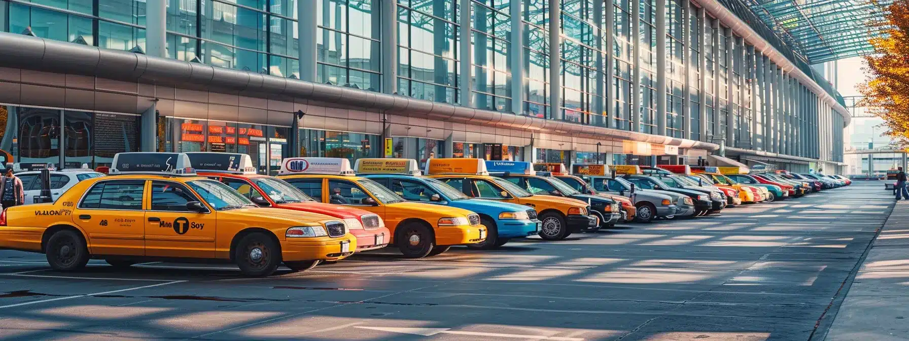 a busy airport terminal with a line of colorful taxis waiting outside, ready to transport travelers in cleveland.