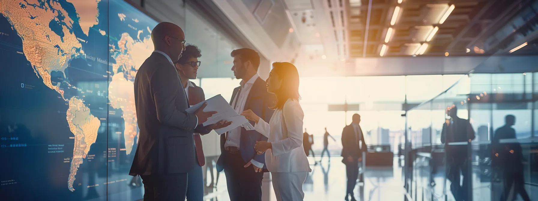 a group of business travelers discussing trip objectives and priorities while examining a world map and flight schedules in a modern office setting.