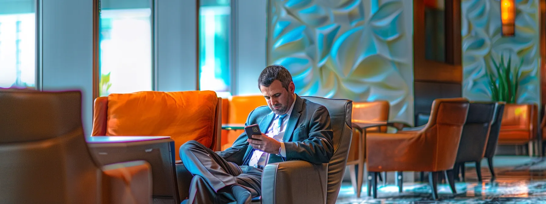 a businessman in a sleek, modern hotel lobby in cleveland, checking his smartphone for reviews from fellow business travelers.