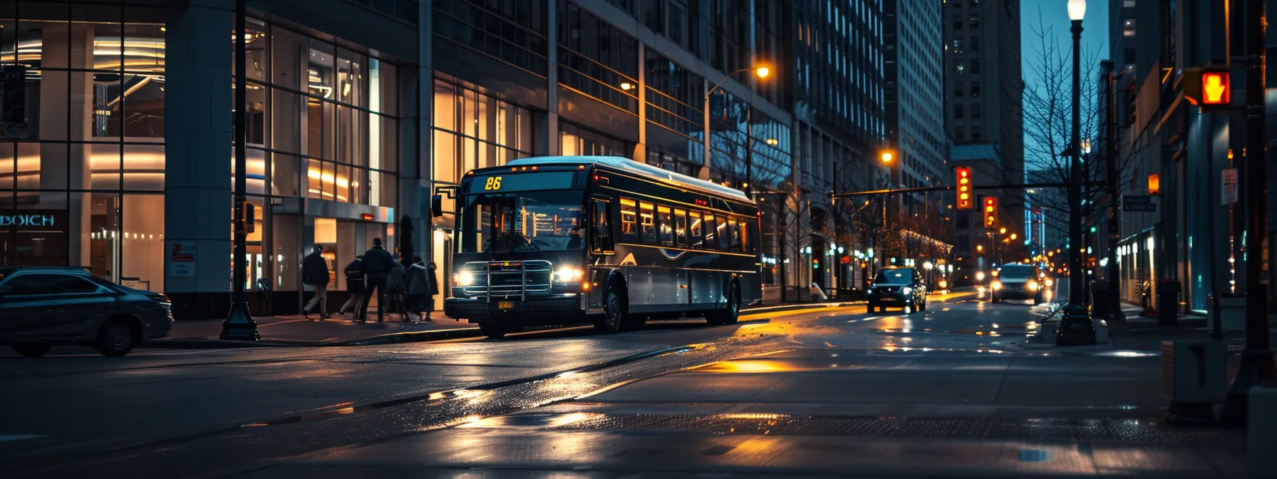 a sleek corporate shuttle waiting outside a modern office building, surrounded by bustling city streets, symbolizing efficient transportation services for business travel in cleveland.