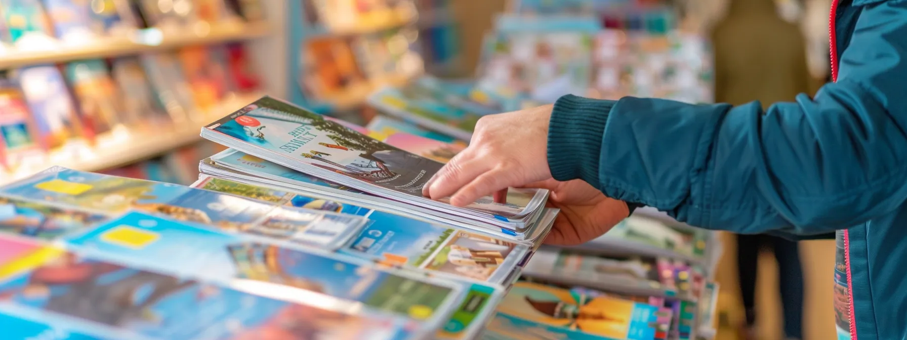 a person comparing different travel brochures with colorful and detailed package descriptions in a well-lit travel agency office.