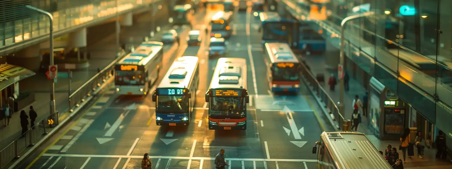 a bustling airport scene with a diverse range of transportation options lined up outside, including buses, shuttles, and taxis.