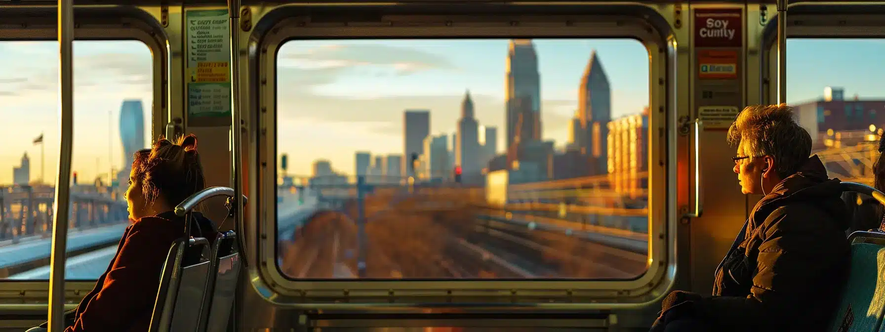 passengers seated on the rta red line train gazing out the window at the urban skyline of downtown cleveland.