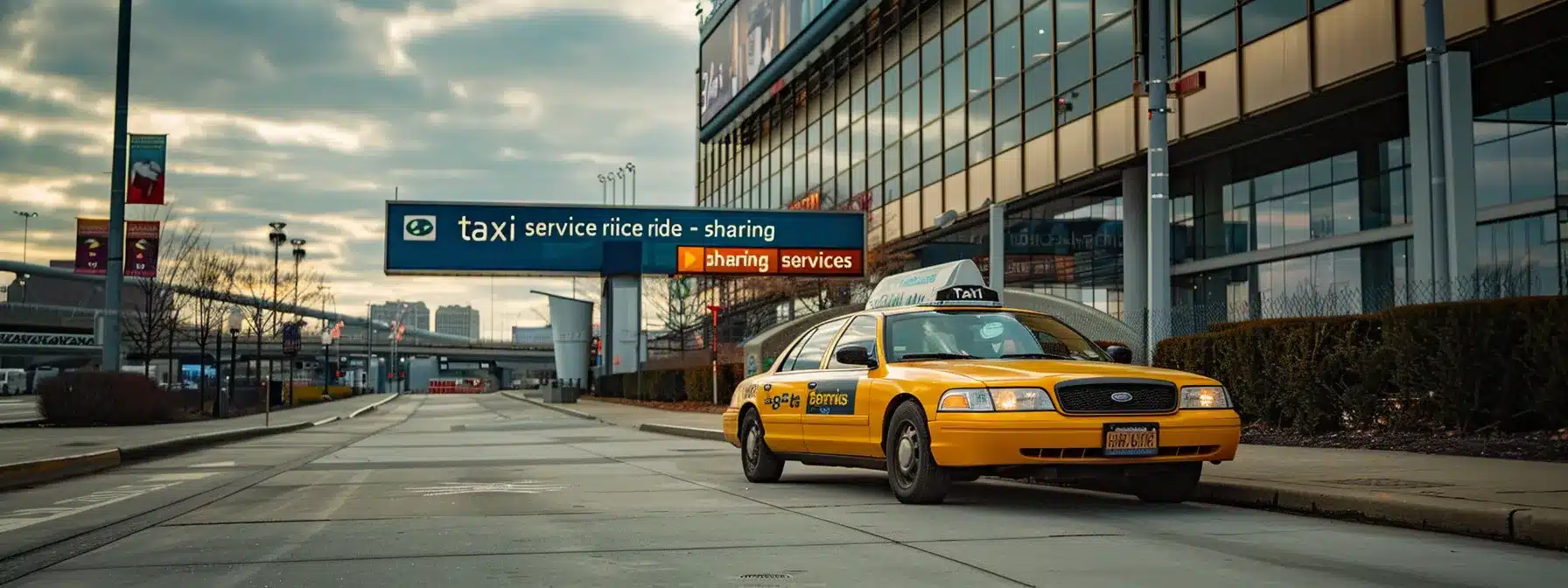 a yellow taxi waiting in front of cleveland international airport with a sign displaying 