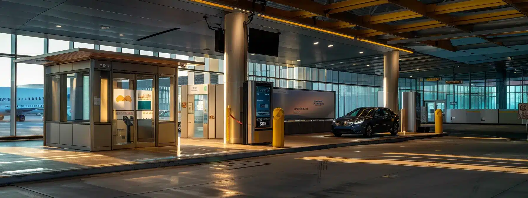 a sleek, modern car rental kiosk at cleveland airport, beckoning travelers to start their city journey with convenience and flexibility.