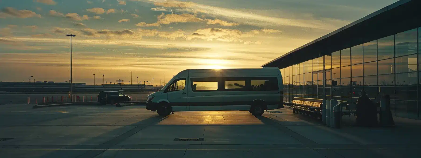 a sleek, modern shuttle van parked outside of cleveland airport, ready to transport travelers to the city.