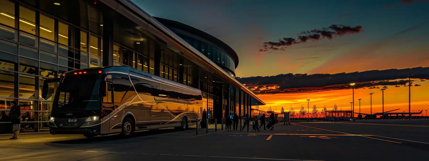 a sleek, modern shuttle bus awaits passengers outside cleveland airport, with business travelers boarding efficiently and families enjoying the spacious, comfortable interior.