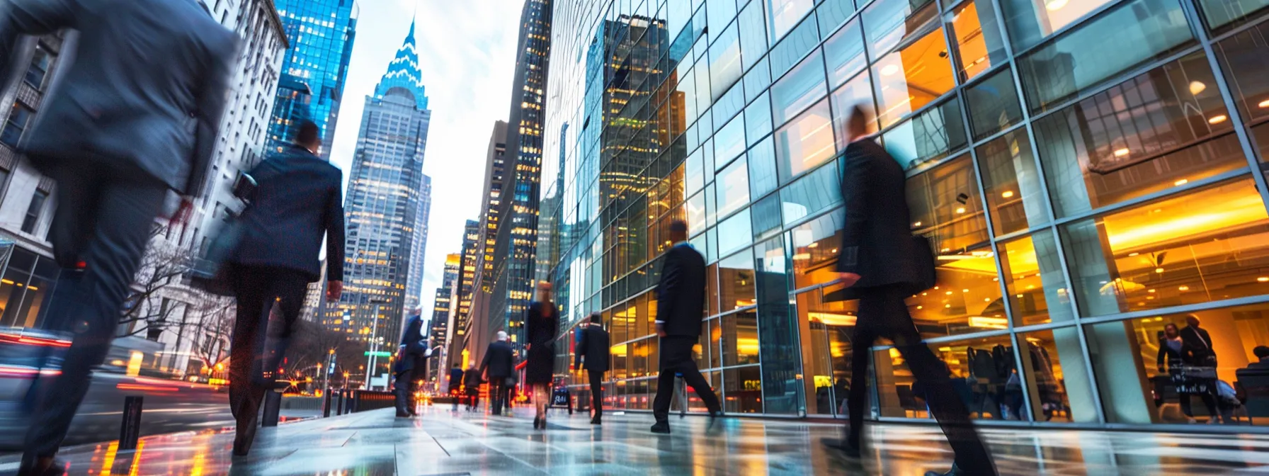 a bustling cityscape showing high-rise buildings in cleveland's business district, with professionals in suits hurrying along the sidewalks and bustling street below.