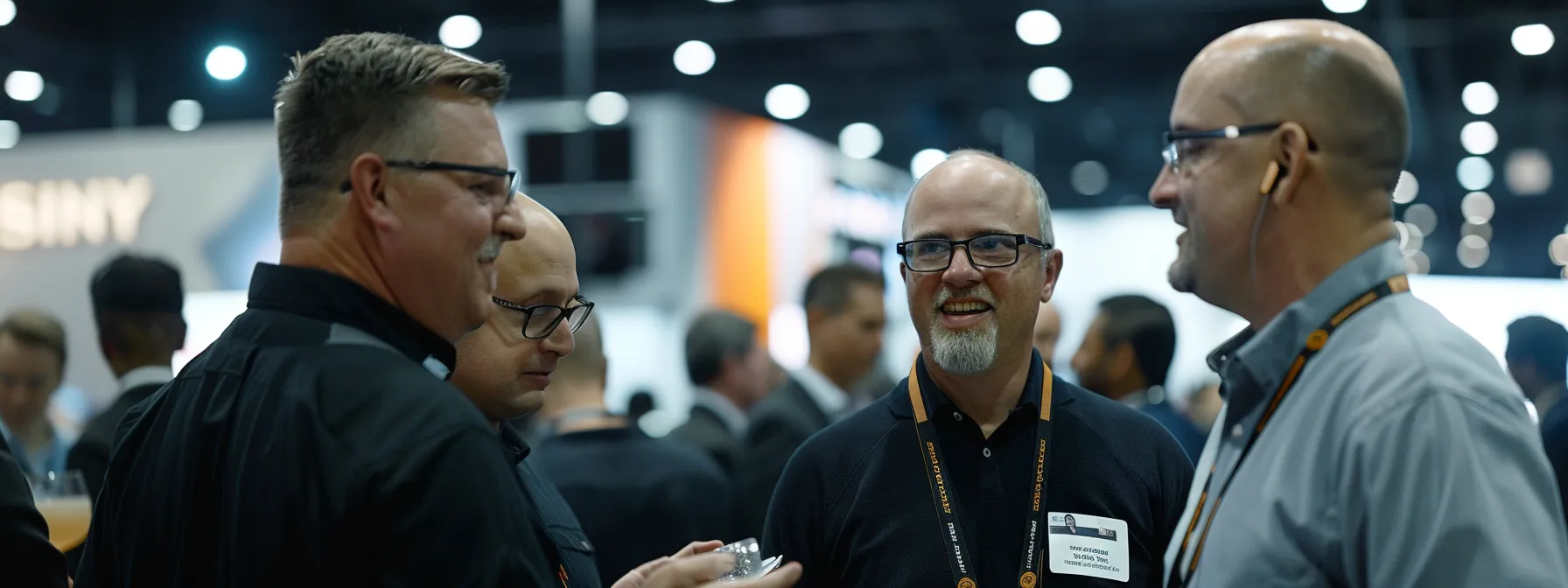 a group of professionals engaging in lively conversations at a bustling industry event in cleveland.