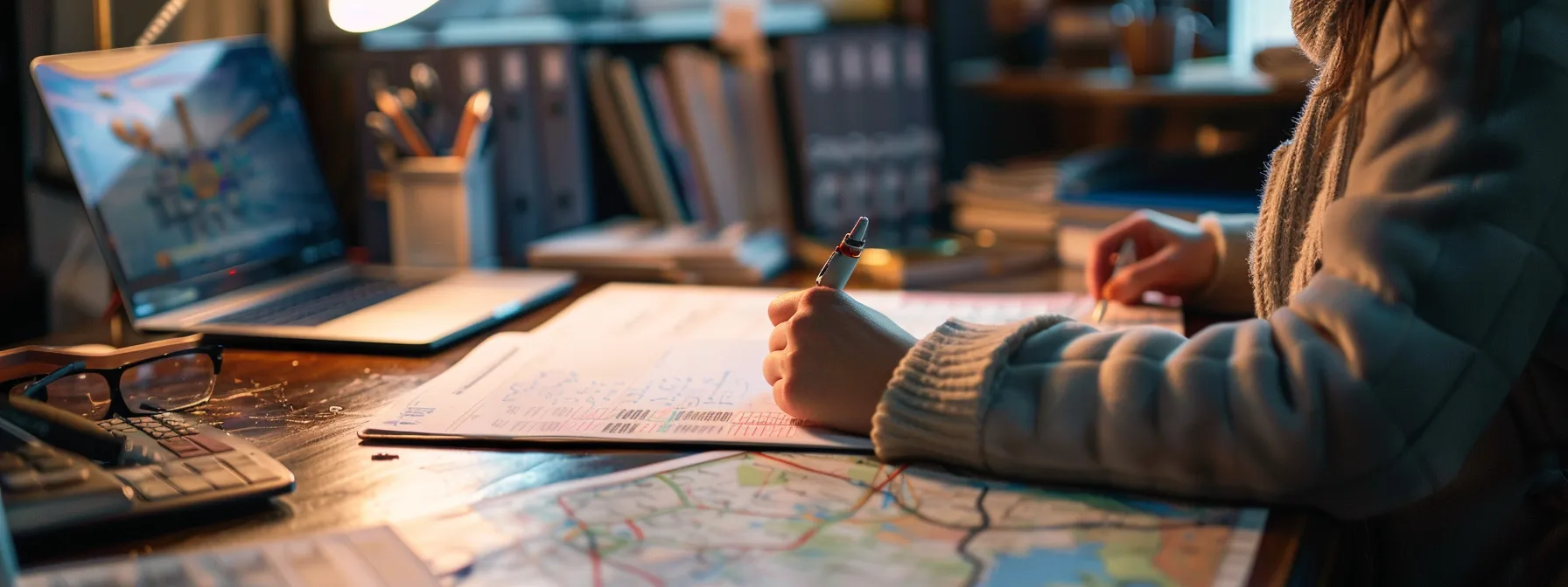 a person sitting at a desk, reviewing notes and contact information from a business trip to cleveland, with a map of the city in the background.
