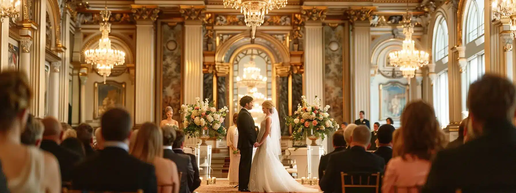 a couple exchanging vows in a historic landmark venue in cleveland, with elegant ballrooms and classic atmosphere.
