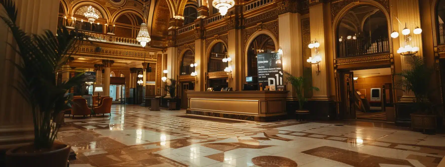 a luxurious hotel lobby with elegant decor and a concierge desk welcoming wedding guests with a sign displaying group rates and transportation options, setting the tone for a memorable visit in cleveland.
