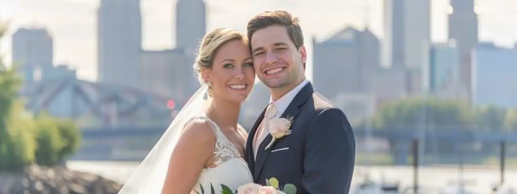 a bride and groom smiling together, holding a wedding timeline checklist in front of the cleveland skyline during a sunny day.