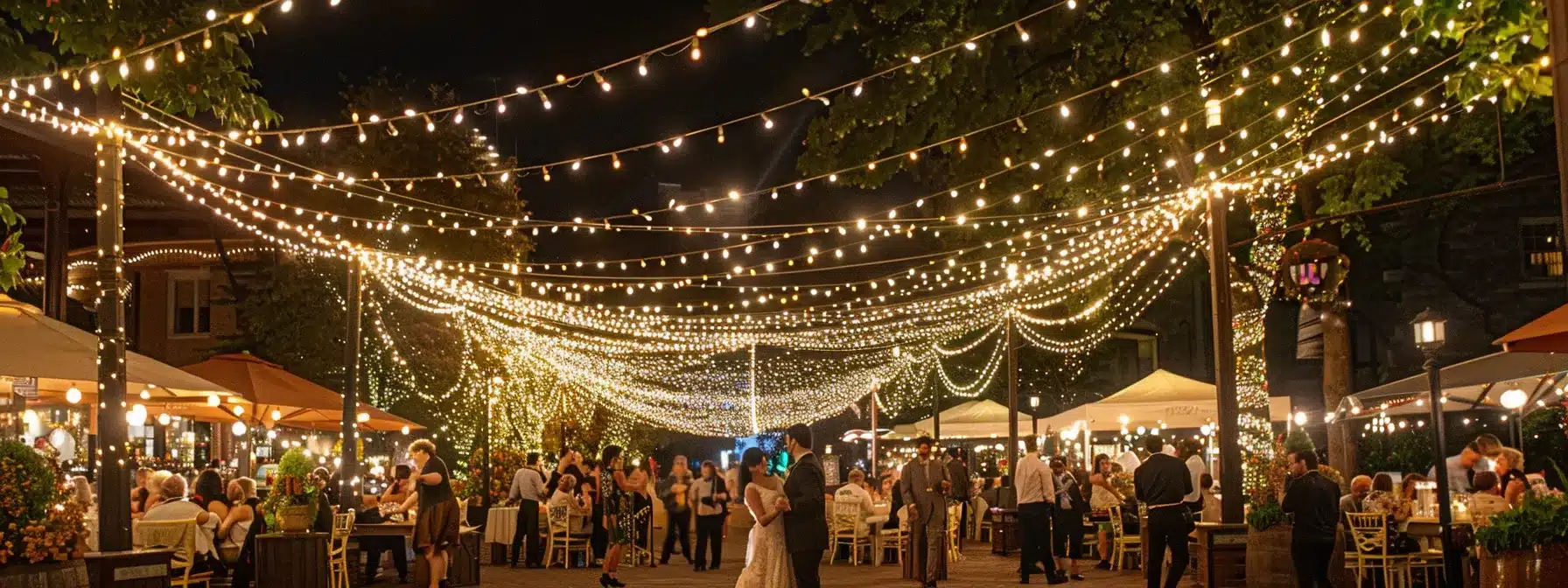a bride and groom dancing joyfully under a canopy of twinkling lights surrounded by tables adorned with cleveland-themed decor and guests enjoying local cuisine and music at their wedding reception.