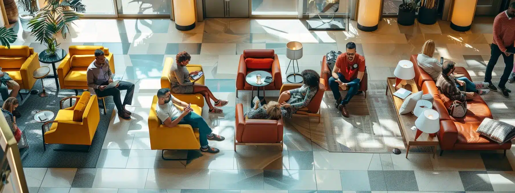 a group of travelers checking into a spacious hotel lobby in cleveland, with modern decor and comfortable seating areas, showcasing the convenience and comfort of group accommodations.