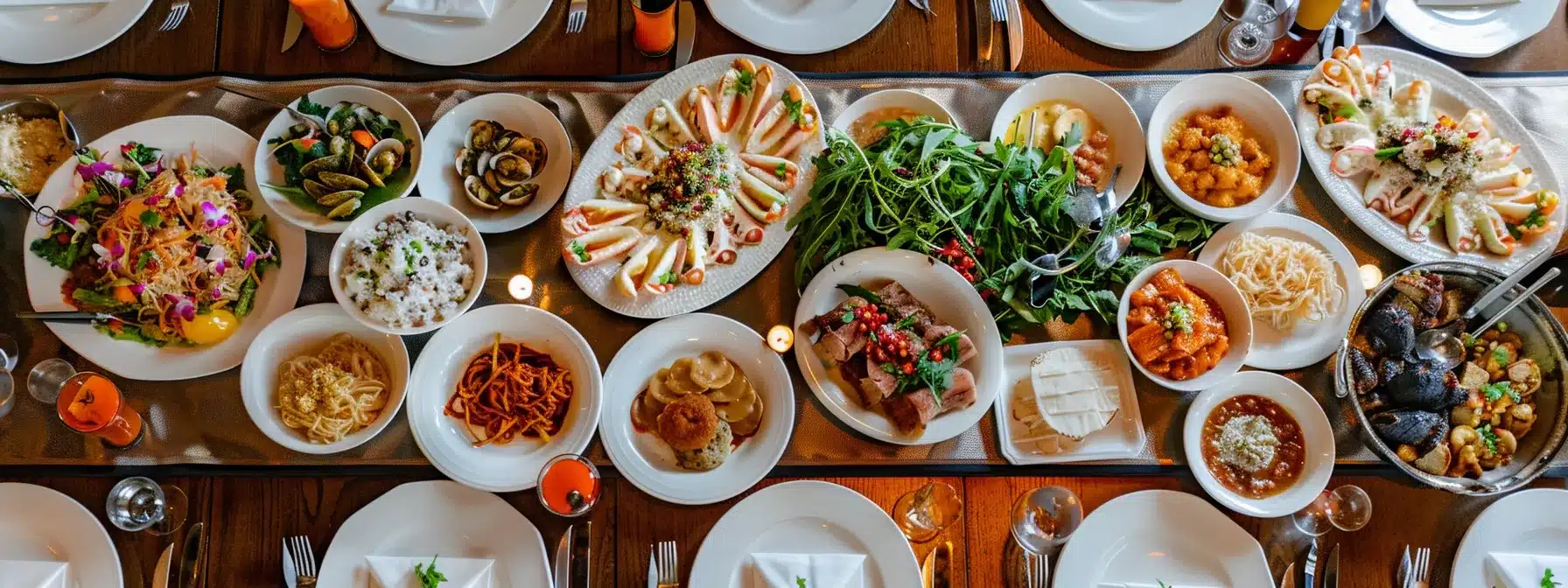 a large table set with diverse, mouthwatering dishes in a vibrant cleveland restaurant, ready to host a lively group dining experience.