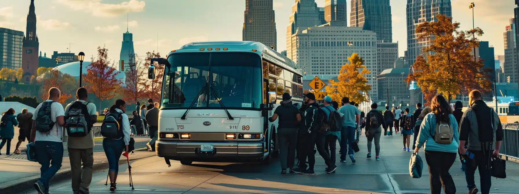 a diverse group of travelers boarding a spacious charter bus with cleveland's iconic skyline in the background.