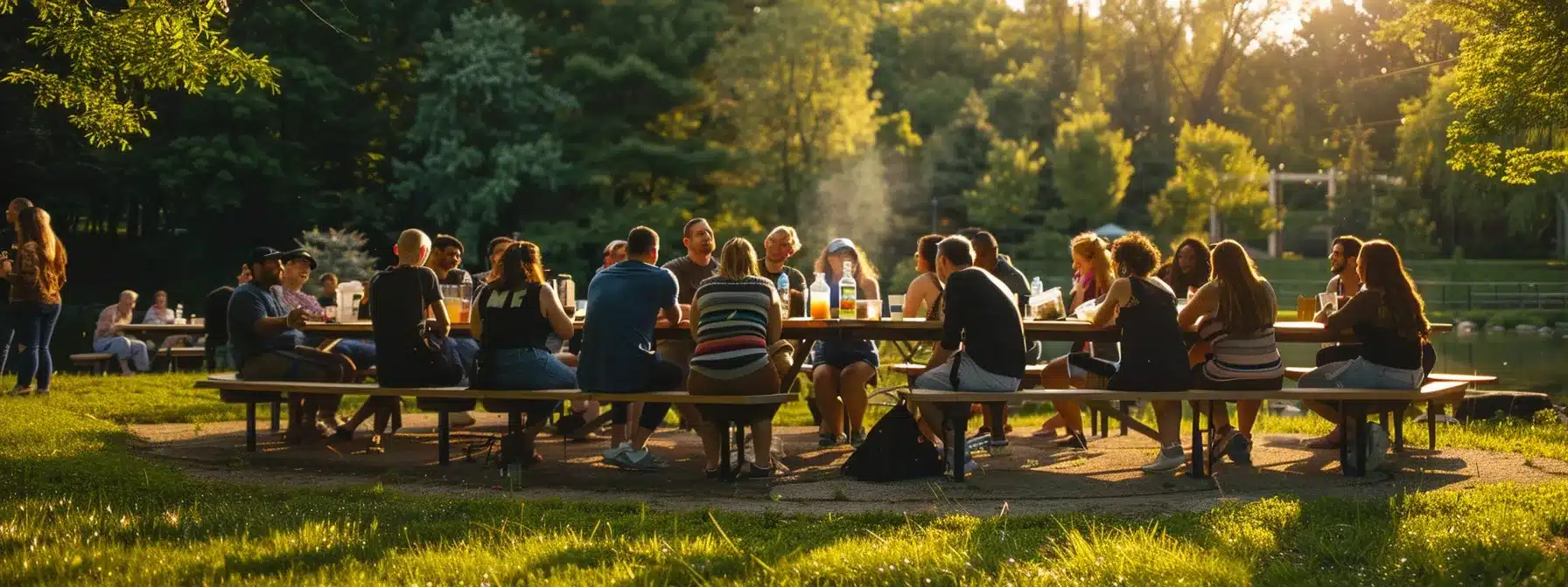 a diverse group of travelers sharing laughter and bonding over a team-building activity at a picturesque outdoor venue in cleveland.