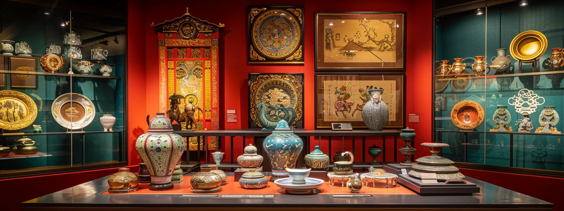 vibrant, intricate chinese artifacts displayed among elegant japanese prints and sculptures and colorful indian artworks, showcasing the diversity and richness of asian art at the cleveland museum of art.