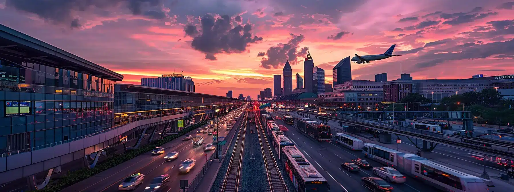 a bustling cityscape with airplanes flying overhead, trains departing from a station, buses loading passengers, and taxis and rideshare vehicles navigating the streets, all converging towards the vibrant city of cleveland.