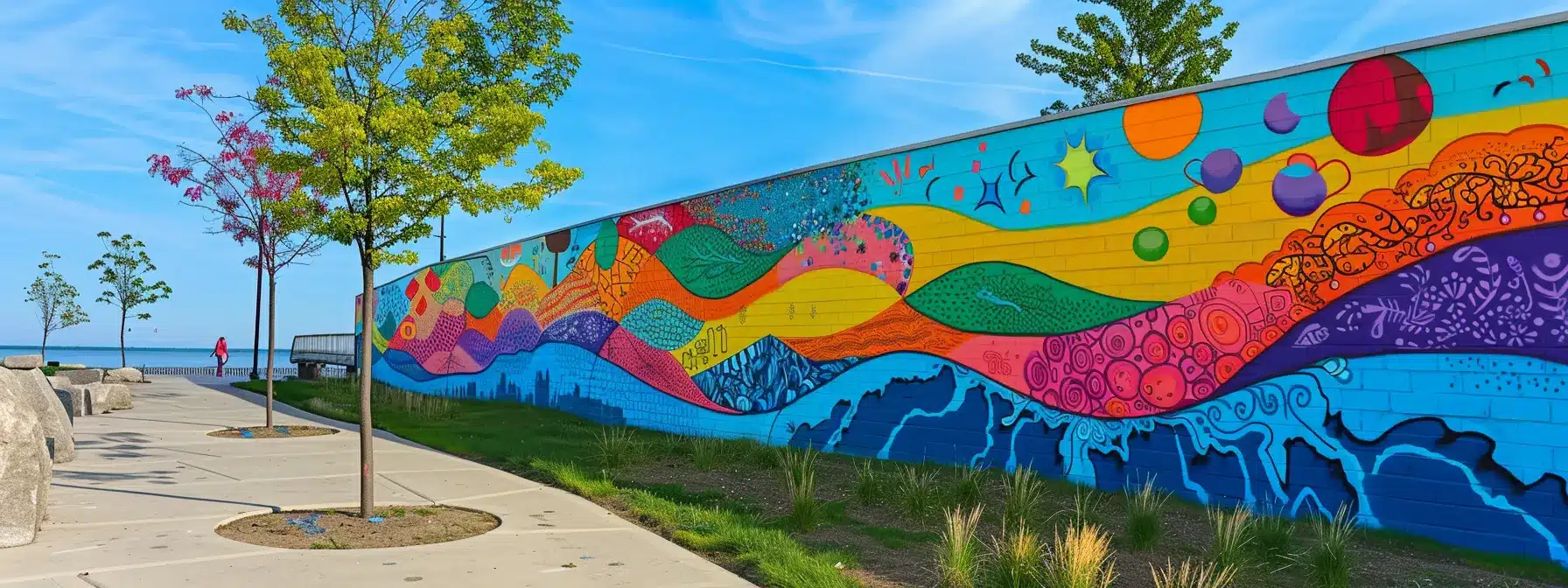 a vibrant mural of lake erie with colorful designs and intricate details adorning the walls of cleveland.
