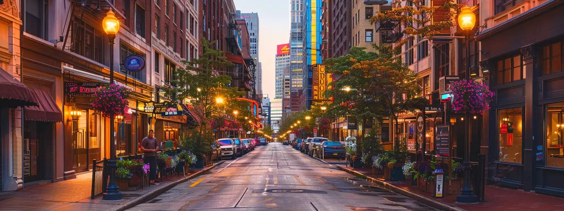 a vibrant street lined with diverse hotels, each with its own unique charm and character, showcasing the variety of accommodations available in cleveland.