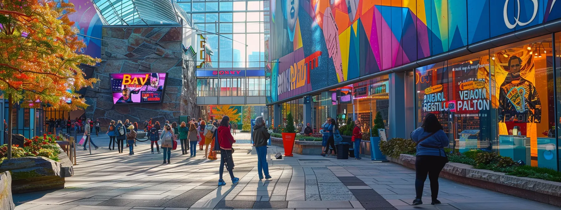 visitors checking a map in front of the rock and roll hall of fame entrance, surrounded by colorful signs for nearby hotels and restaurants.