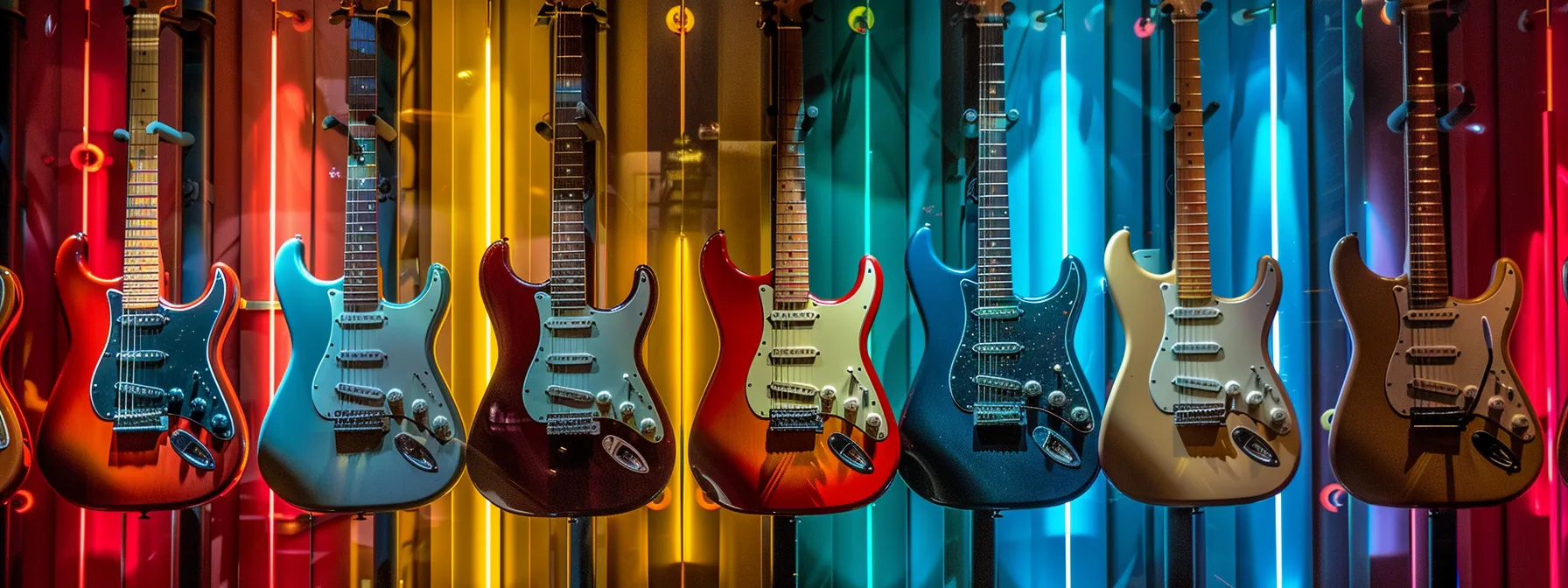 vibrant guitars displayed under colorful spotlights in the rock and roll hall of fame.
