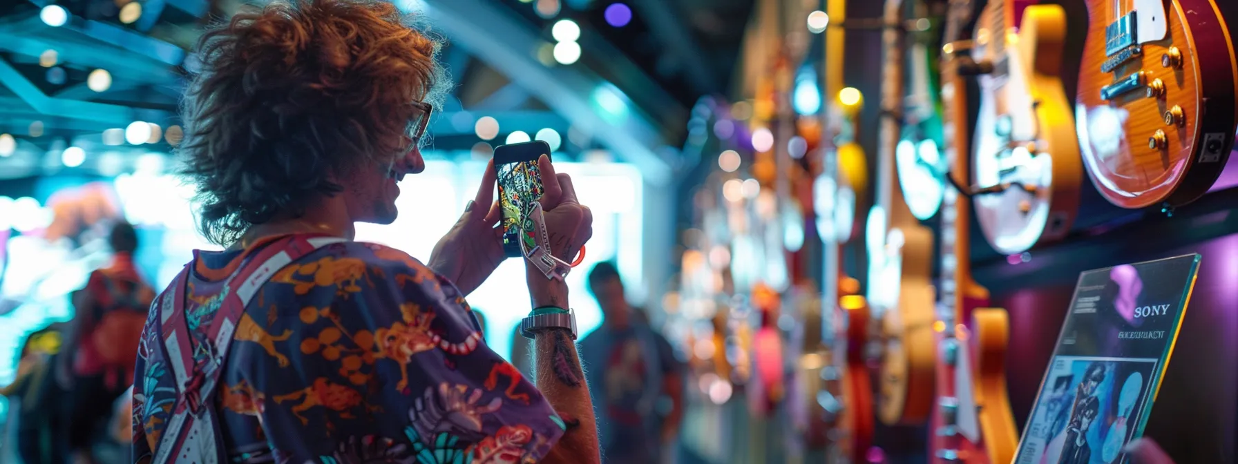 a visitor wearing a stylish rock-themed t-shirt smiles while snapping a photo of an iconic guitar display at the rock and roll hall of fame.