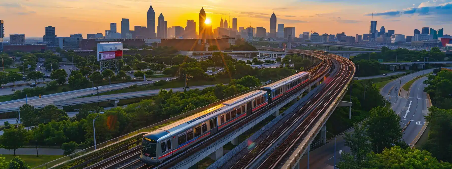 an aerial view of the rta rapid transit system train departing from cleveland hopkins international airport with downtown cleveland skyline in the background.