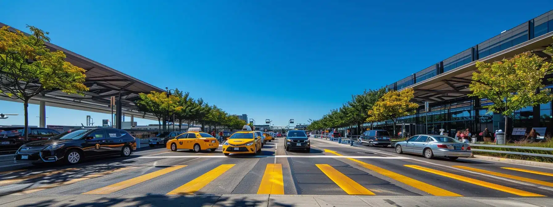 passengers waiting in line at the designated taxi stands outside cleveland airport, under a clear blue sky, with yellow taxis and cars from uber and lyft lined up in the background.