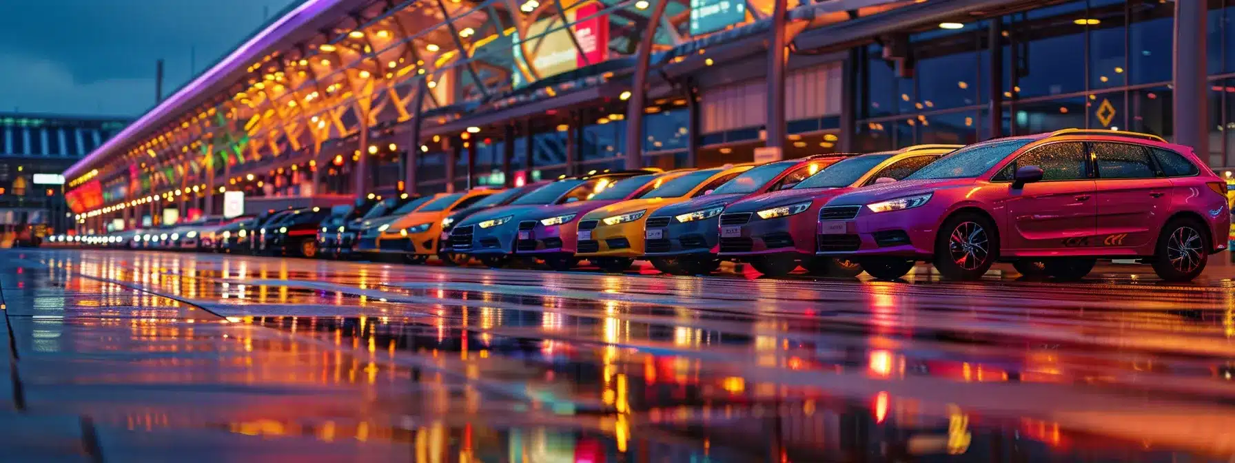 a row of vibrant rental cars lined up outside the airport terminal, beckoning travelers with their shiny exteriors and competitive rates.