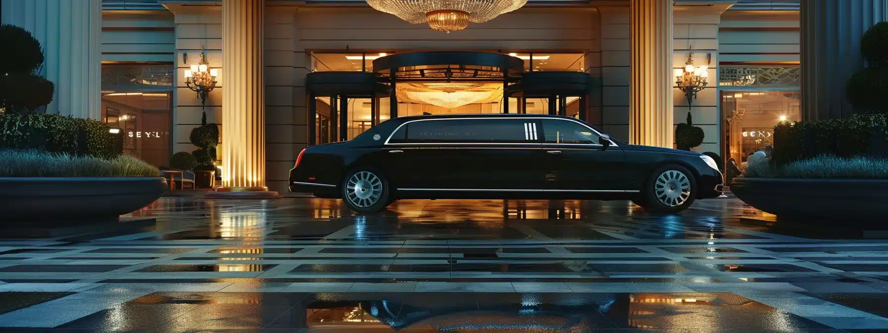 a sleek black limousine waiting outside a luxurious hotel entrance, ready to chauffeur guests in style.