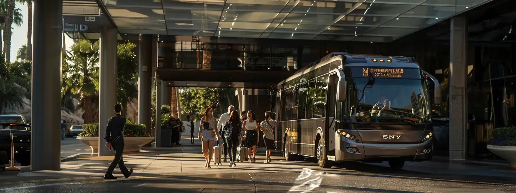 passengers boarding a sleek, modern hotel shuttle bus outside the airport terminal, with the logo of the hotel prominently displayed on the vehicle.