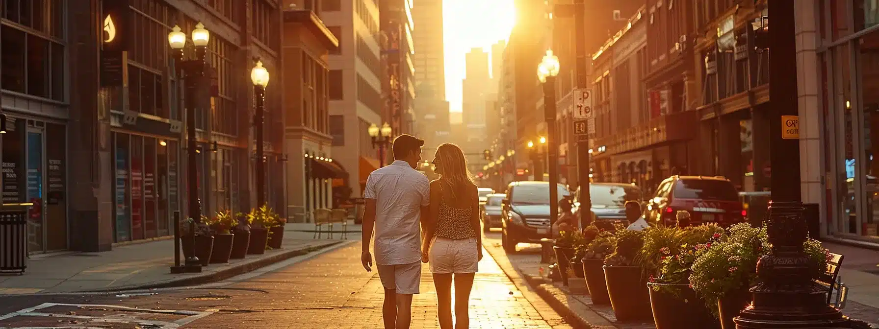 a happy couple exploring the vibrant streets of cleveland, receiving personalized recommendations from a local guide and enjoying exclusive deals on their tailored vacation package.