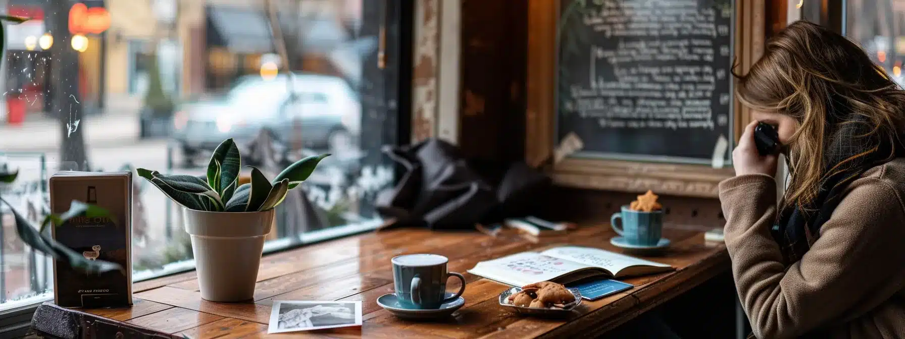 a traveler sitting at a cozy cafe table in cleveland, surrounded by a personalized itinerary and travel essentials, planning their perfect getaway.