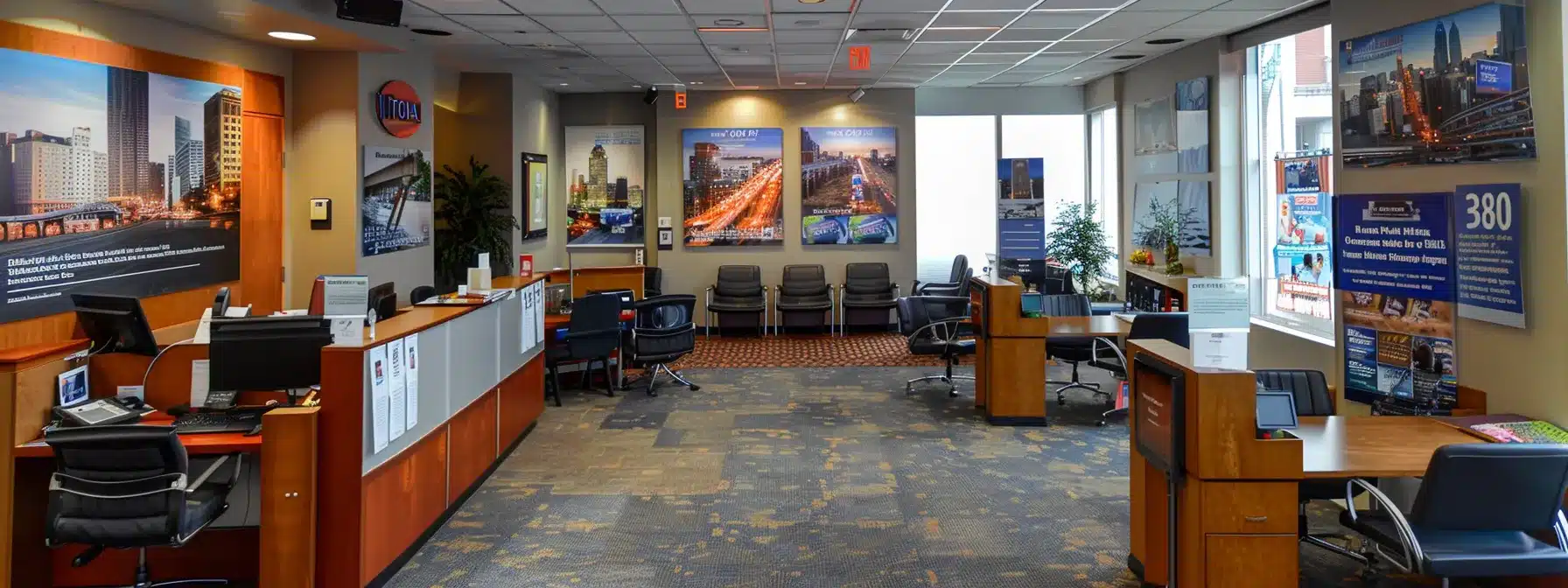 vibrant and bustling travel agency office with cleveland cityscape posters and brochures, showcasing expert advice and customized adventure planning.