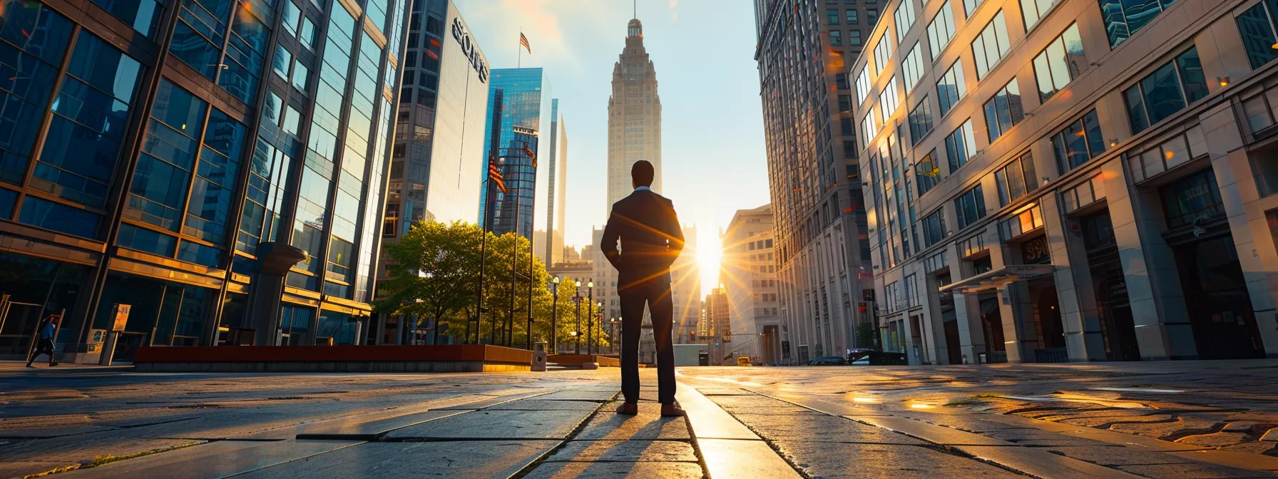 a professional standing in downtown cleveland, surrounded by local partnerships, transportation options, and preferred hotels, planning corporate travel.
