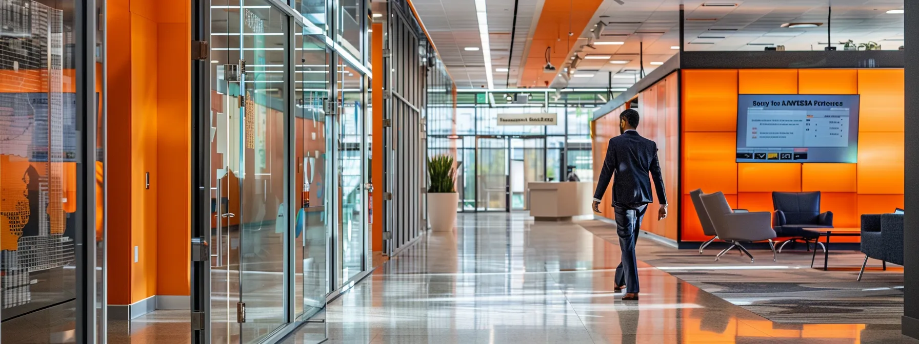 a business traveler in cleveland confidently swiping an access card to enter a secure compliance and monitoring room with high-tech tracking screens and workflow approval charts.