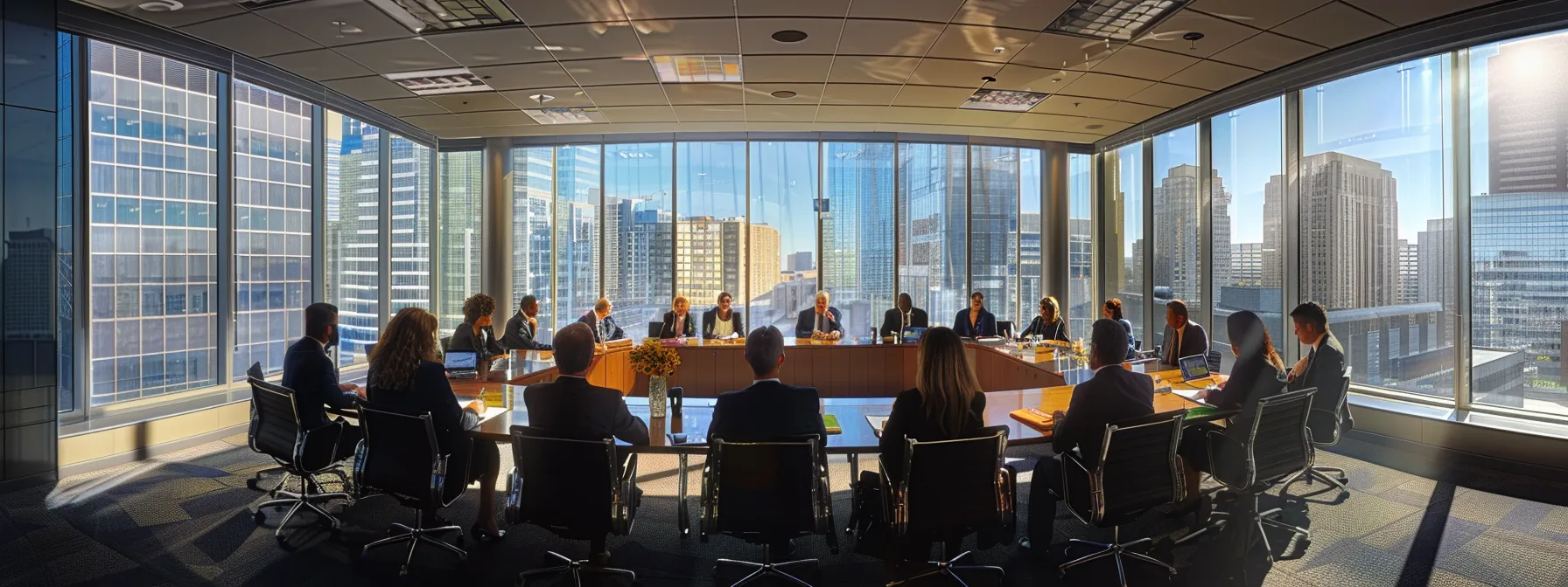 a group of business professionals seated around a conference table in a modern office in cleveland, engaged in a lively discussion while reviewing and updating their corporate travel policy.