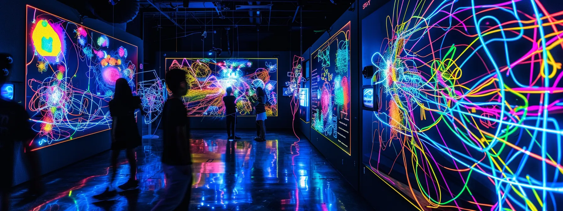 glowing neon lights illuminate a dark room filled with interactive displays showcasing the wonders of electricity and magnetism at the great lakes science center.