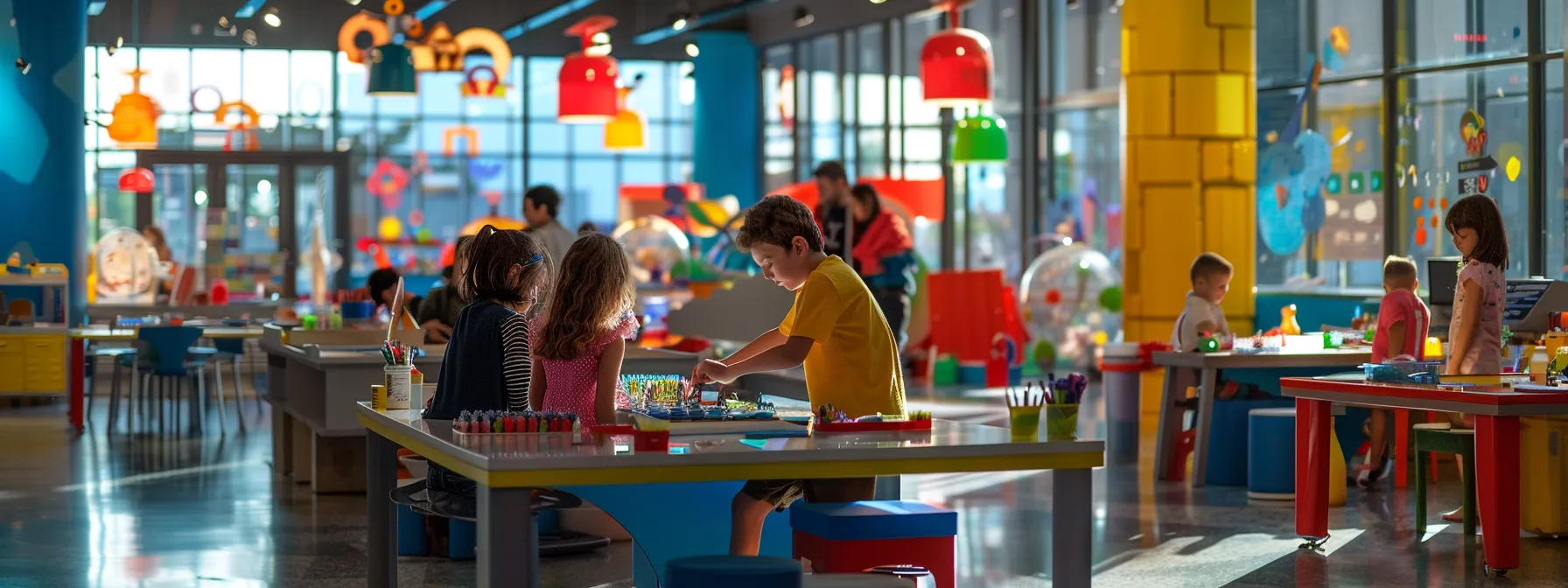 a colorful family crafting station at the great lakes science center, filled with hands-on experiments and diy projects.