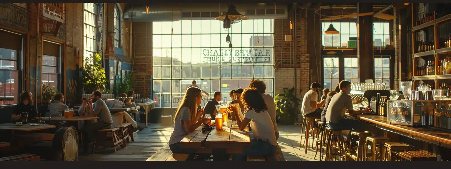 at a bustling cleveland brewery, a group of people enjoy tastings of handcrafted beers in a cozy, industrial-chic setting.