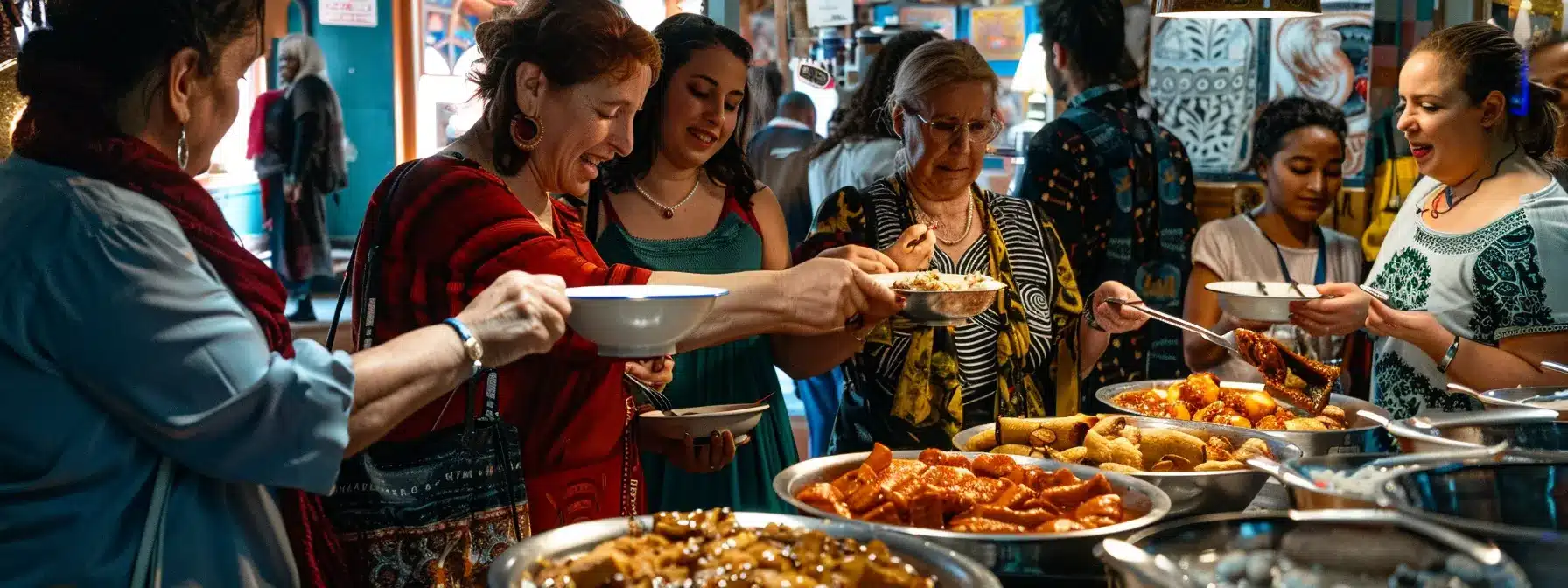 a group of diverse tourists happily sampling various local dishes at bustling food stalls on a cleveland food tour.