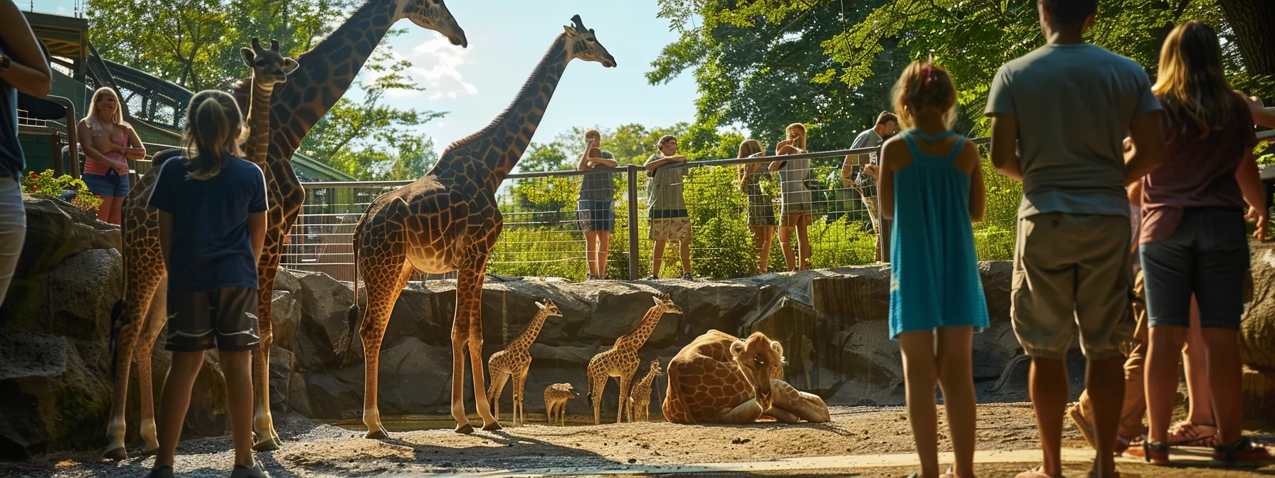 families feeding giraffes and learning about wildlife conservation at cleveland metroparks zoo.