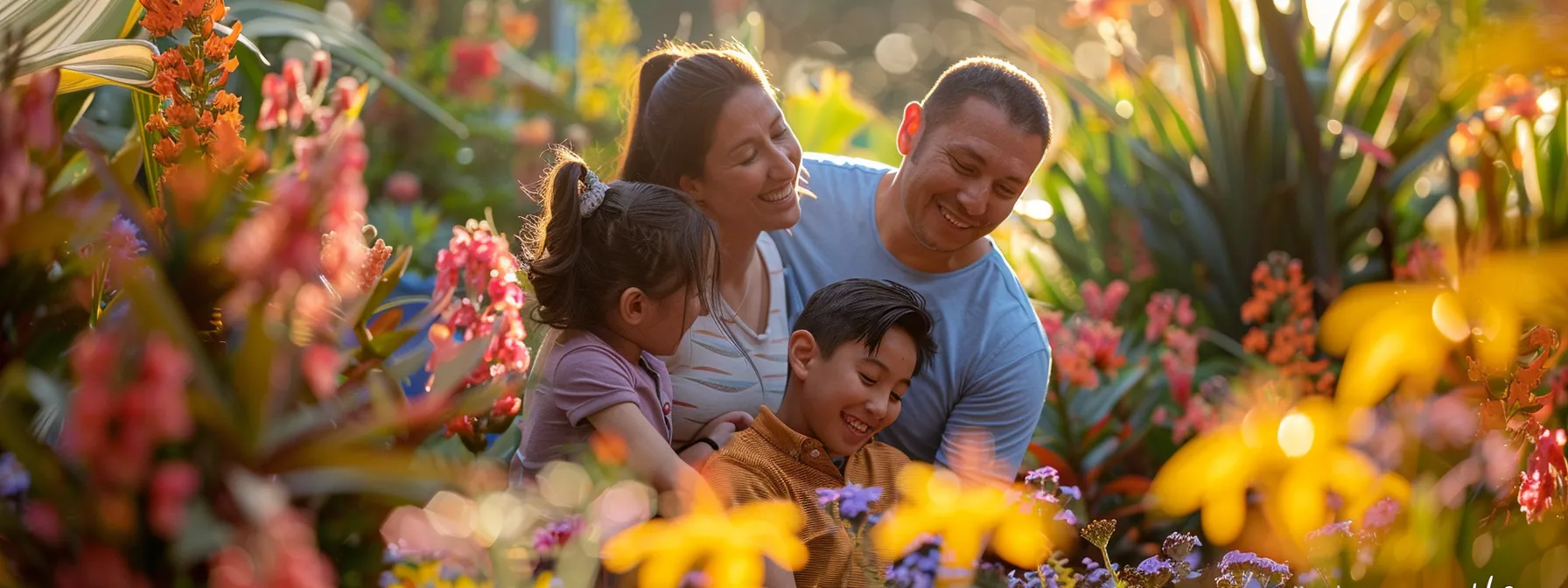 a family smiles as they pose in front of a vibrant floral display, capturing their zoo memories in a picturesque setting.