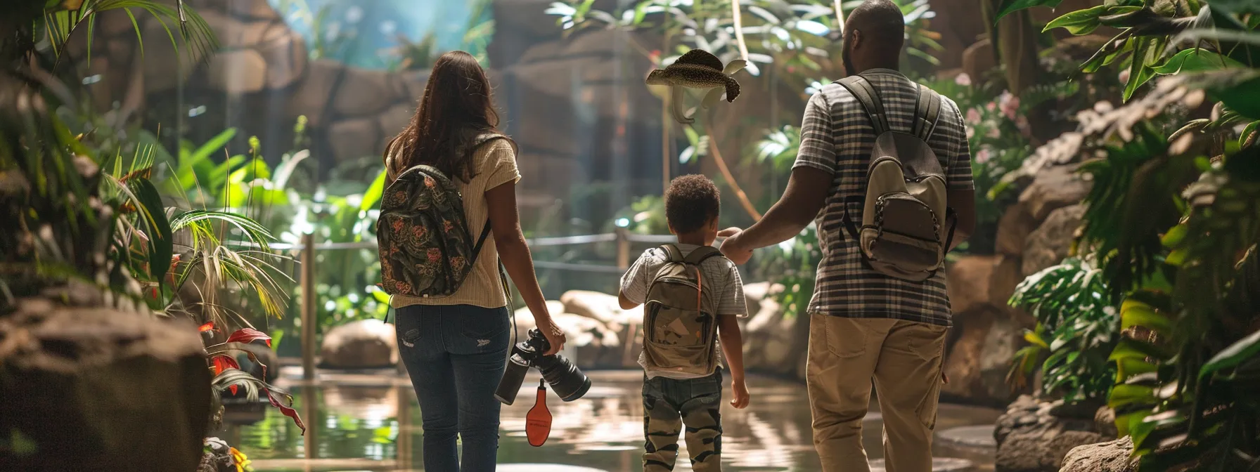 a family dressed in comfortable attire with backpacks and cameras in hand, excitedly exploring the vast exhibits and interacting with knowledgeable zoo staff at cleveland metroparks zoo.